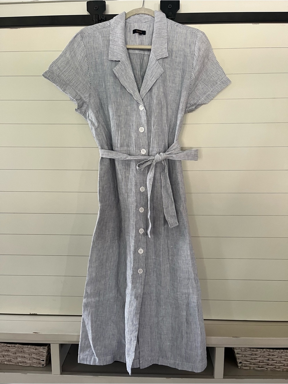 Quince 100% Linen Blue White Pinstripe Midi Dress with Tie Waist Buttons - Large - Picture 2 of 10
